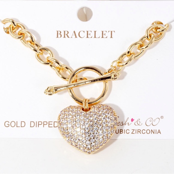 Gold dipped Rhinestone Heart Toggle Clasp Bracelet - Picture 1 of 3